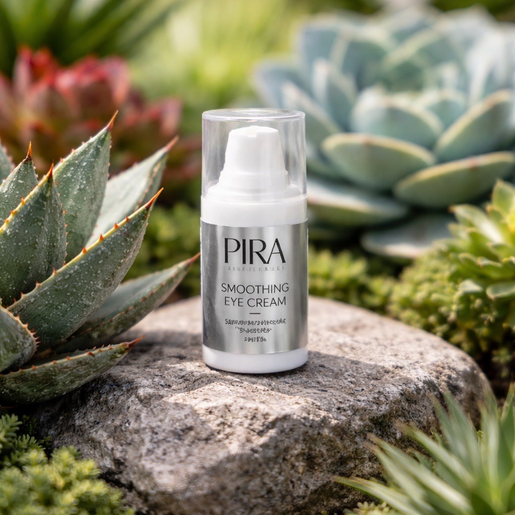 Smoothing Eye Cream von Pira Skin Rituals auf einem Stein zwischen Sukkulenten