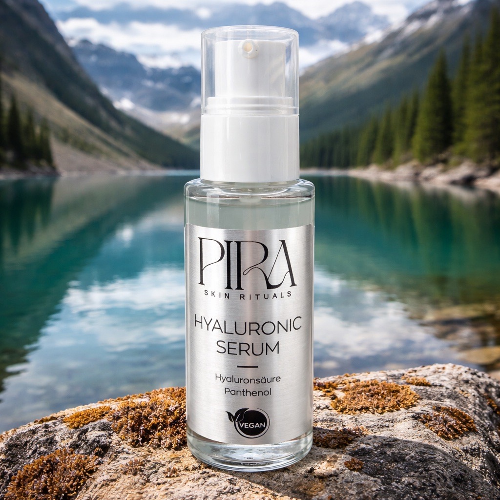 Hyaluronic Serum von Pira Skin Rituals auf einem Stein vor einem türkisen Bergsee