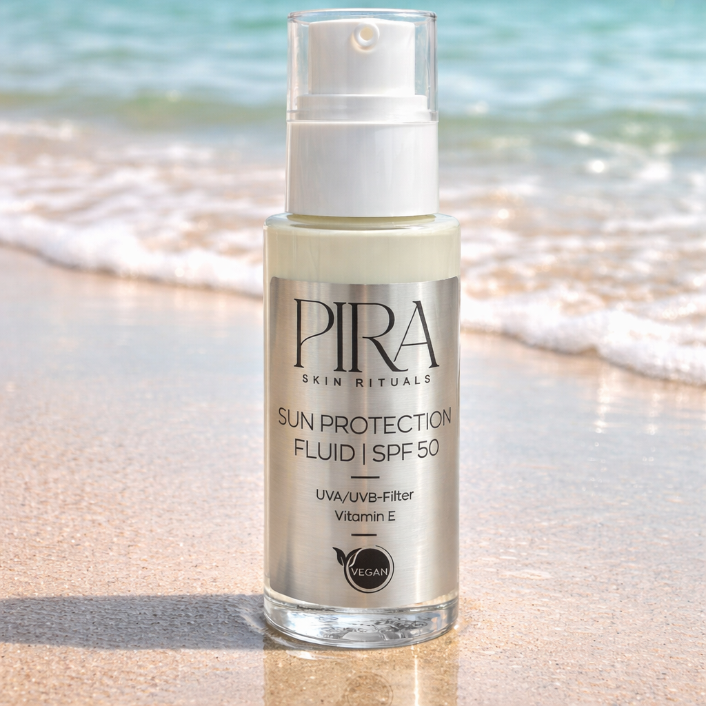 Sun Protection Fluid SPF 50 von Pira Skin Rituals im Sand vor einer Meeresbrandung