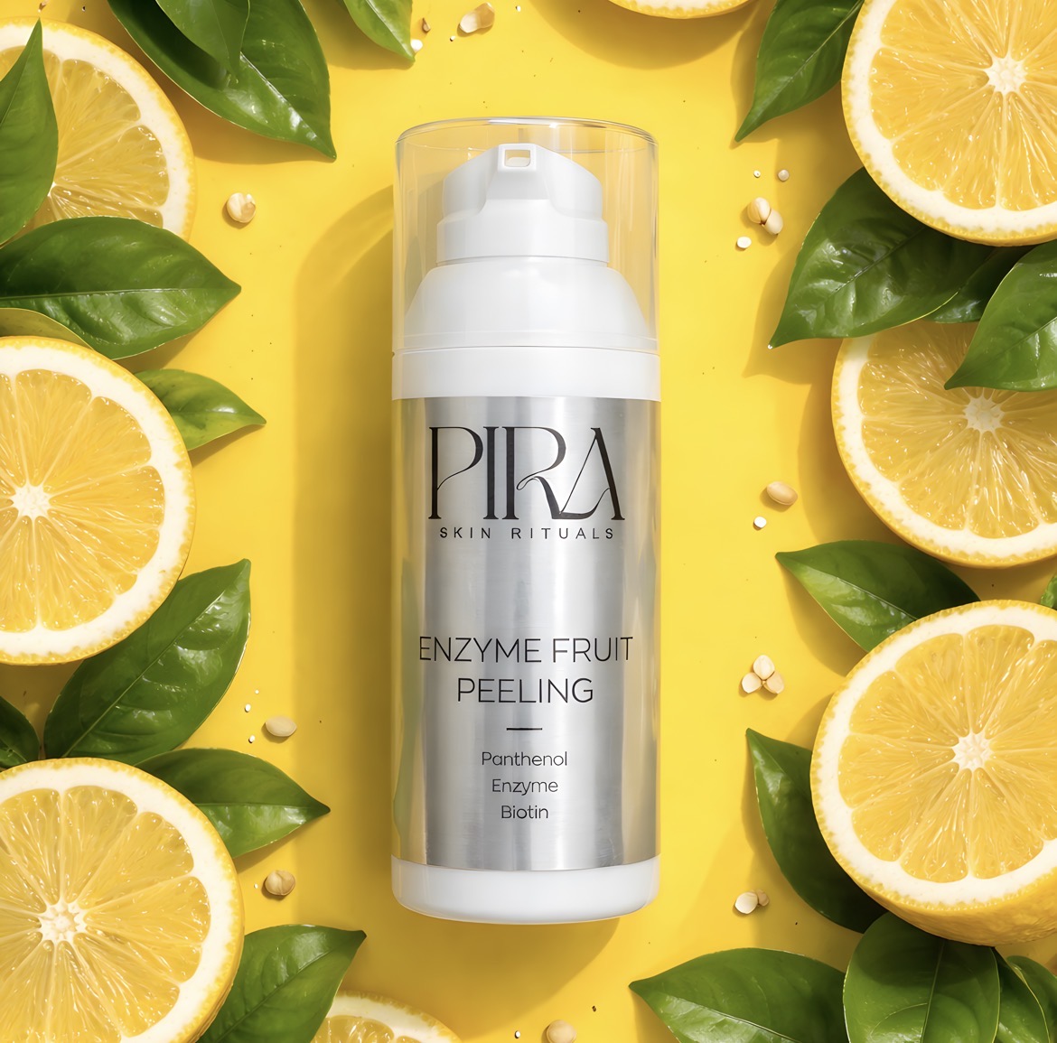 Enzyme Fruit Peeling von Pira Skin Rituals zwischen Zitronenscheiben und Blättern