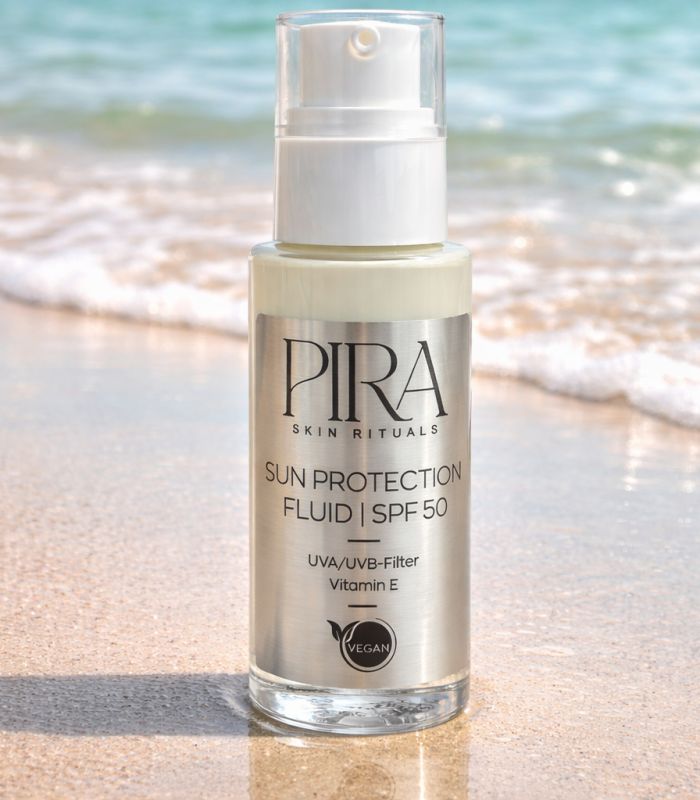 Sun Protection Fluid SPF 50 von Pira Skin Rituals im Sand vor einer Meeresbrandung