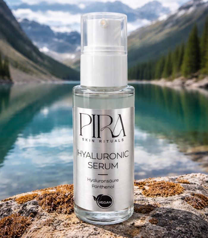 Hyaluronic Serum von Pira Skin Rituals auf einem Stein vor einem türkisen Bergsee