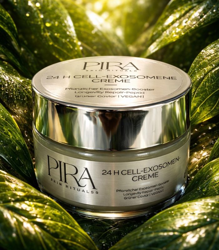 24 H Cell-Exosomen-Creme von Pira Skin Rituals zwischen sonnenbeschienenen Blättern