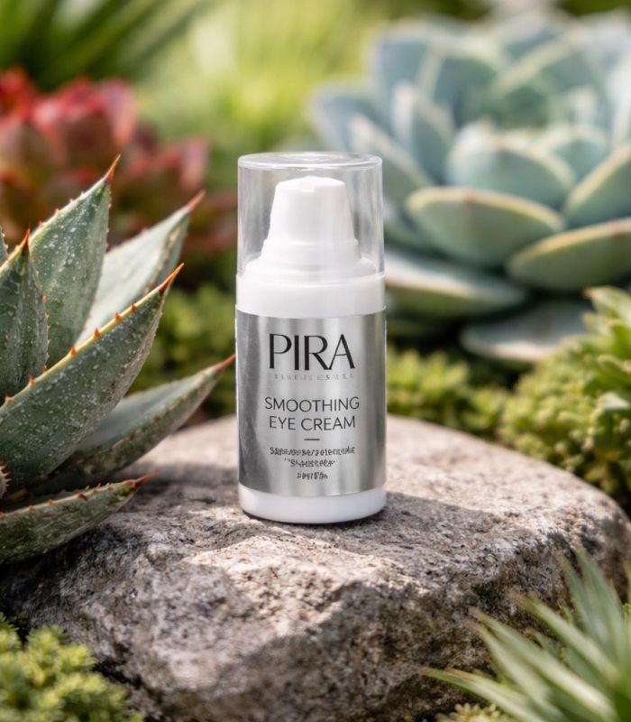 Smoothing Eye Cream von Pira Skin Rituals auf einem Stein zwischen Sukkulenten